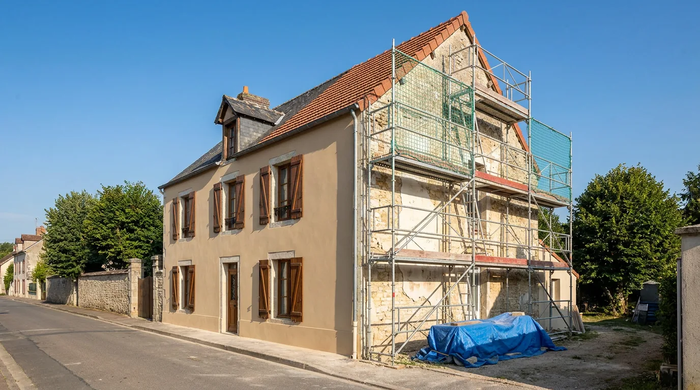 Chantier de ravalement de façade de maison individuelle avec échafaudage de pied et enduit minéral